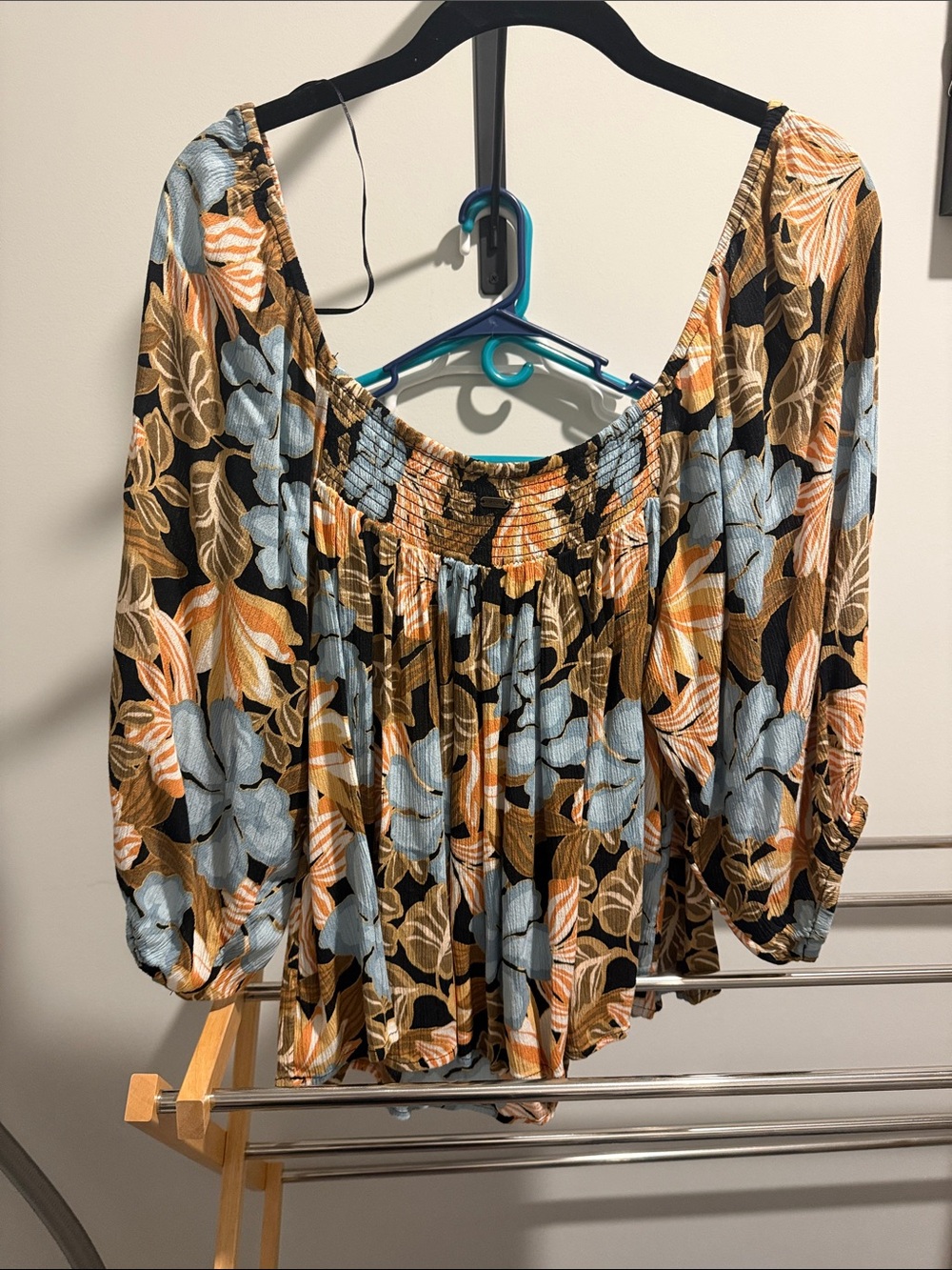 Rip Curl Floral Off-Shoulder Blouse in Black, Light Blue & Tan